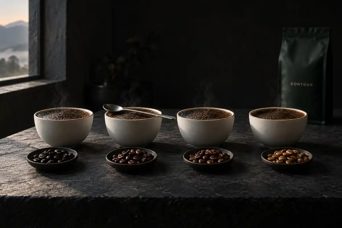 杯測桌上一列四個白瓷杯，每個杯子前放一小碟烘好的豆子，顏色從深到淺